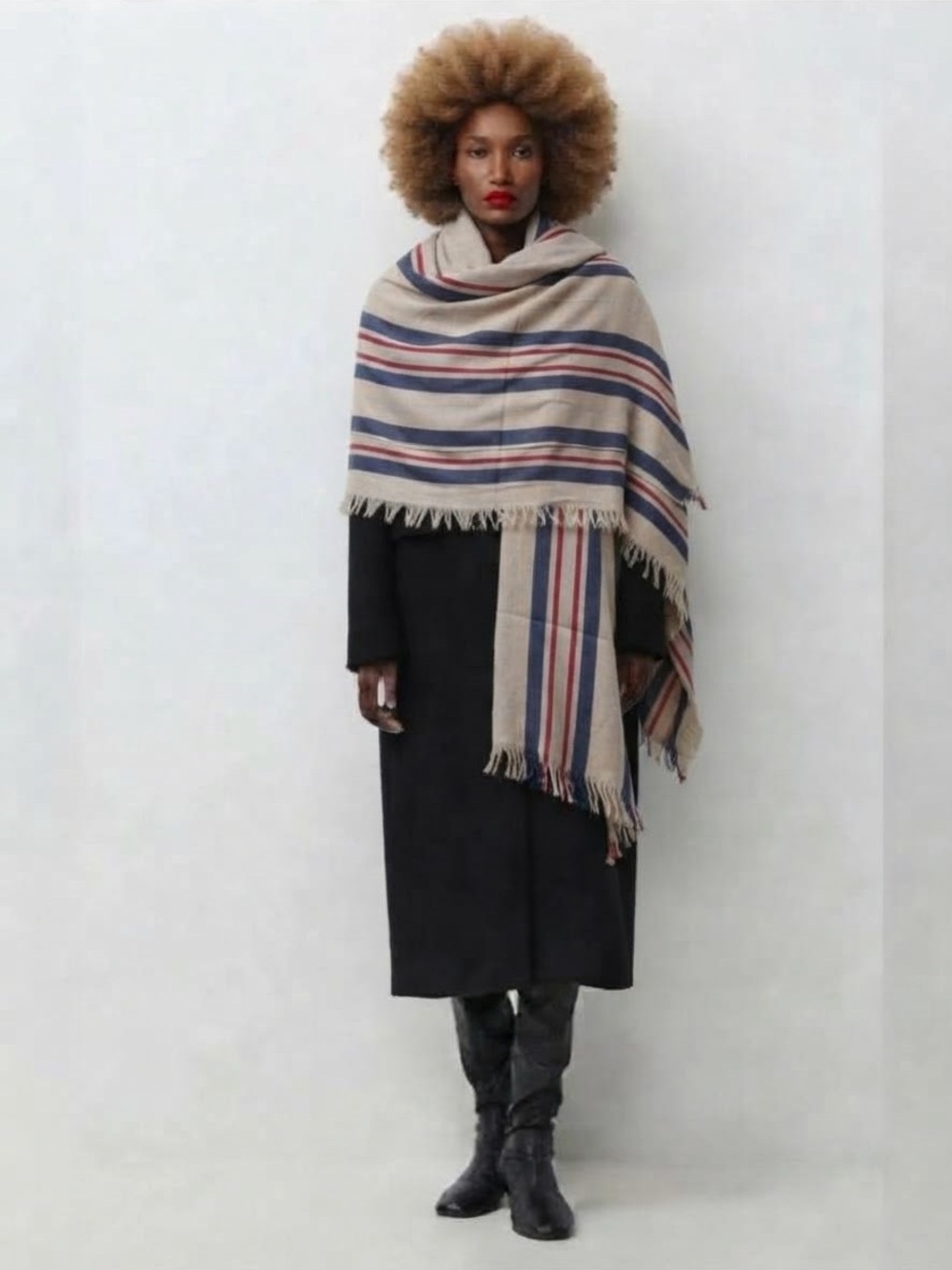 Aritzia Auxiliary Striped Blanket Scarf Cotton Fringed Wrap Coastal Tan Blue Red